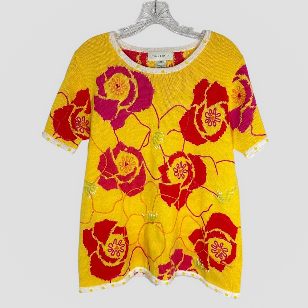 VTG Susan Bristol Sweater Yellow Floral Short Sleeve Size Medium 2002 Beading